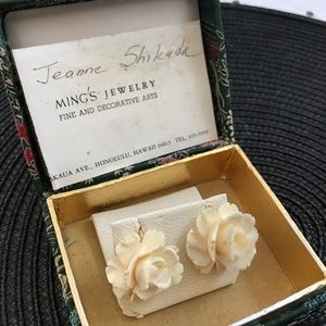 Vintage BSK Faux Ivory Rose Clip-On Earrings